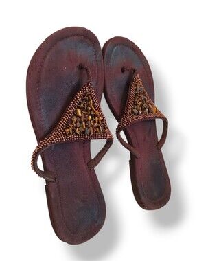 Brown Cat Eye Chip Beaded Women's Thong Sandals Flip Flops